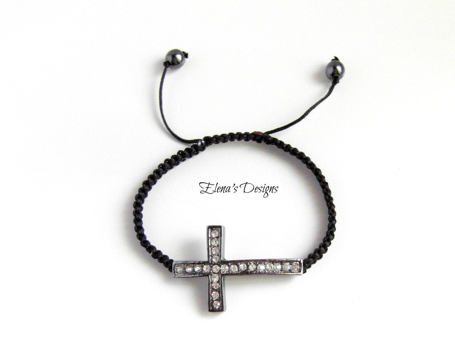 Trendy Gunmetal Silver Dazzling Crystal Rhinestone Cross Macrame Adjustable Bracelet Charm Bracelet
