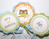 Look Whooo's One Owl Boy Birthday Centerpiece (Orange, Green, Blue & Brown)  by The Party Paper Fairy