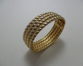 Vintage Bracelet / Bangle / Cuff Hinged Shiny Gold and Silver Tone Metal Textured Statement Jewelry Art Deco Retro 1980s