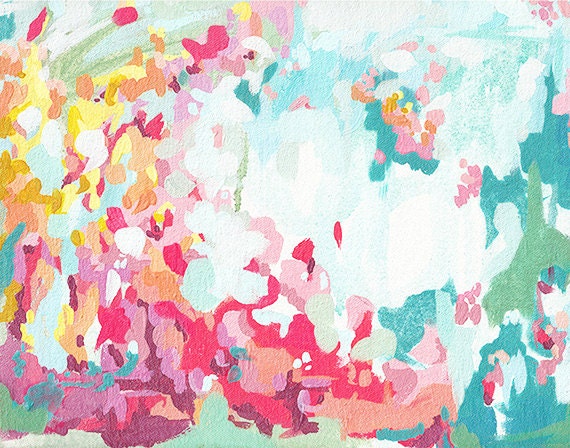 Summer Flower Garden 11x14 art print, bright abstract artwork, contemporary art, textural art, coral and teal, cottage art