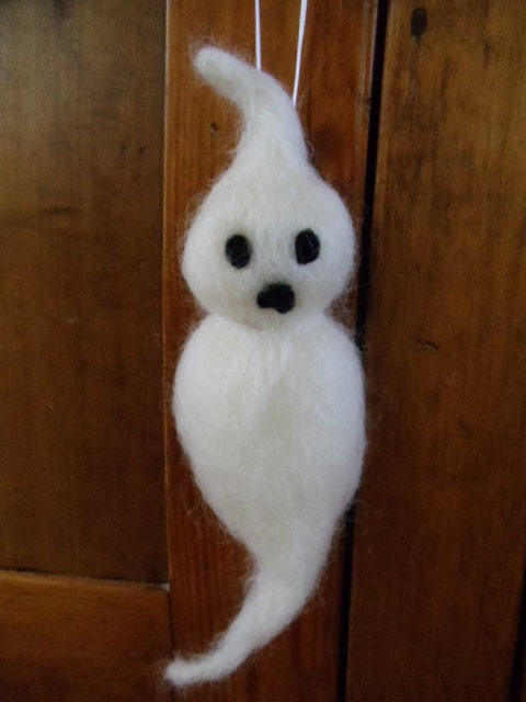 White Wool Ghost Needle Felted Halloween Ornament Mohair Boo