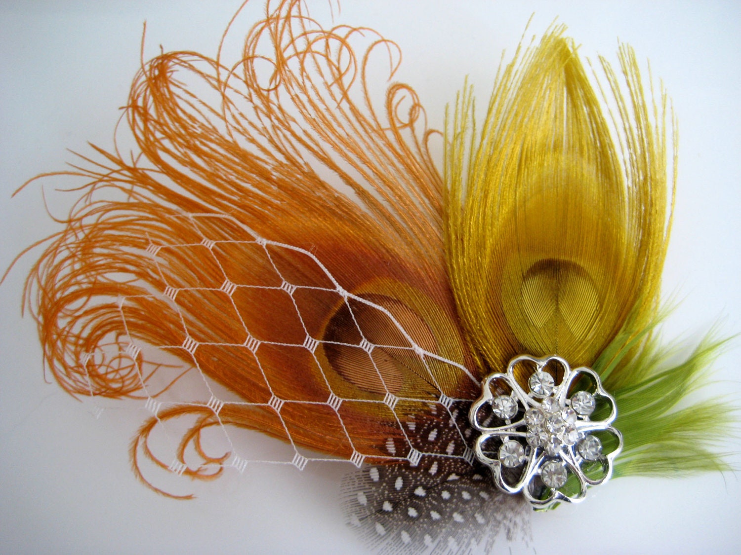 Fall Autumn Wedding Bridal Bridesmaid Green Mustard Yellow Burnt Orange Peacock Feather Rhinestone Jewel Hair Clip Fascinator READY TO SHIP