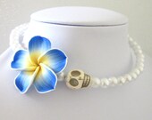Day of the Dead Necklace Sugar Skull Choker Memory Wire White Blue Yellow Hibiscus
