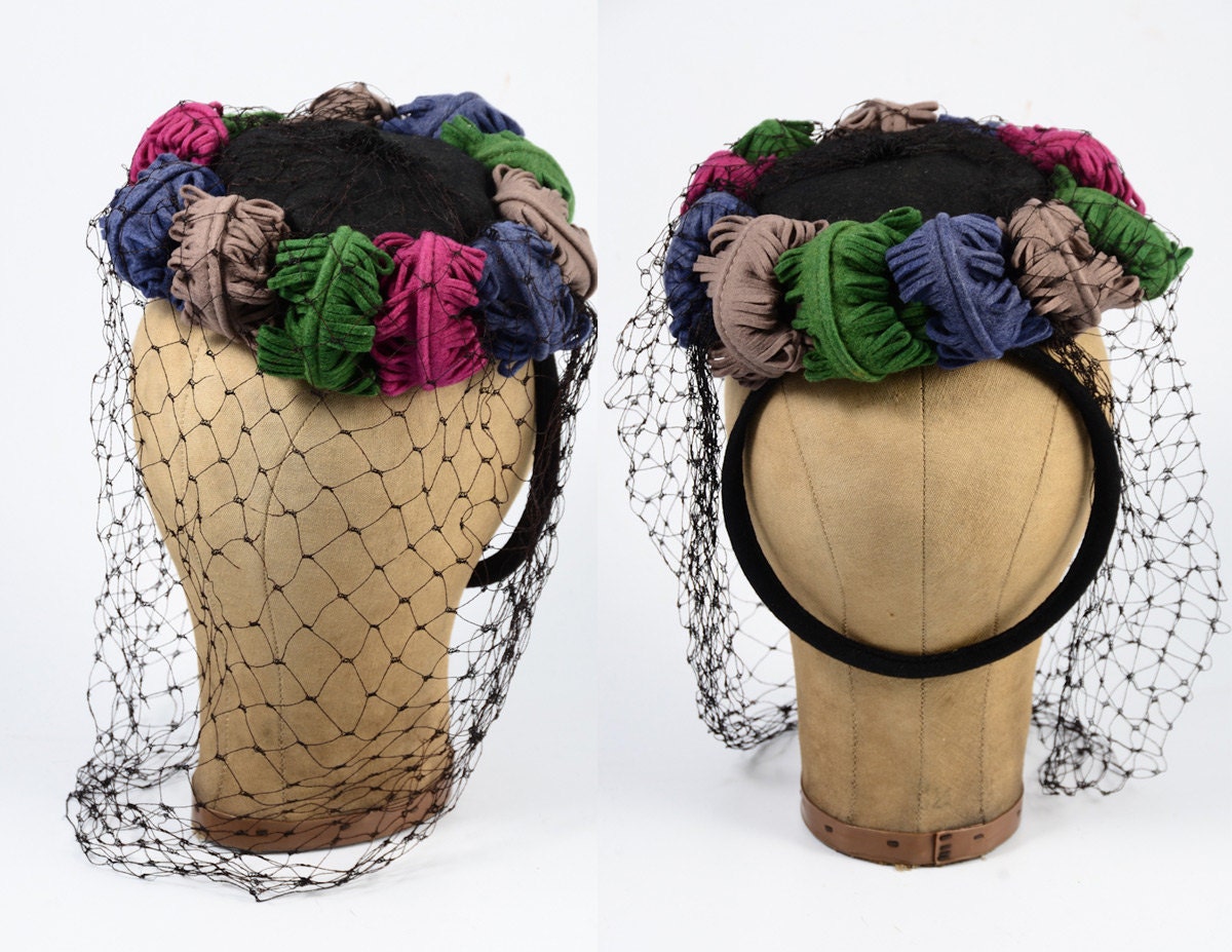 1940s hat/ tilt hat/ felted feathers