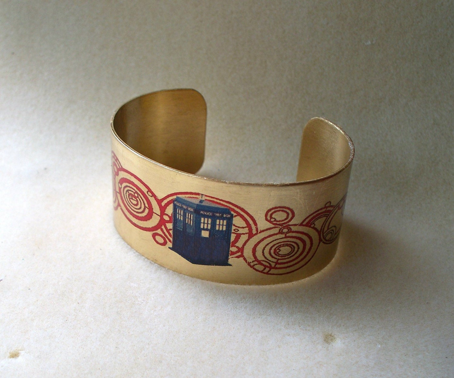 Doctor Who Tardis cuff bracelet with Red Gallifreyan Symbols