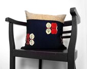 Red Camelia Mod Accent Throw Pillow Cushion . Burlap and Vintage Silk 18'' (46cm)