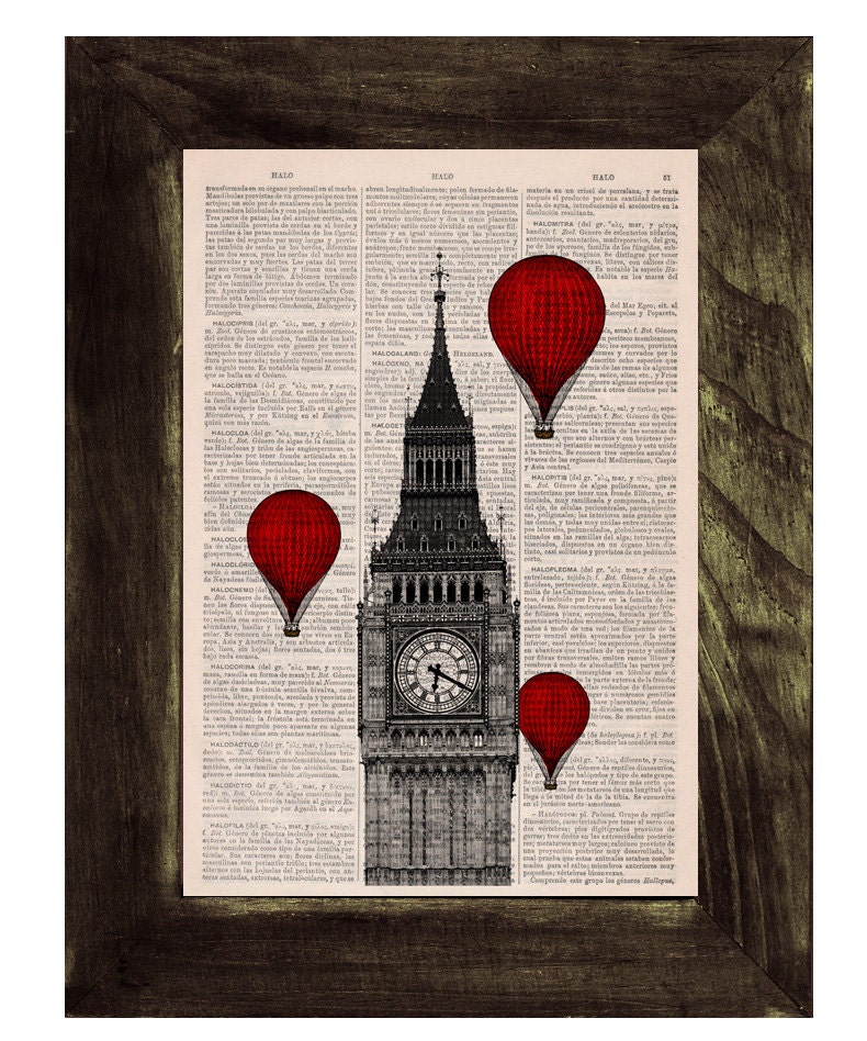 Vintage Book Print - London Big Ben Tower Balloon Ride Print on Vintage Book art