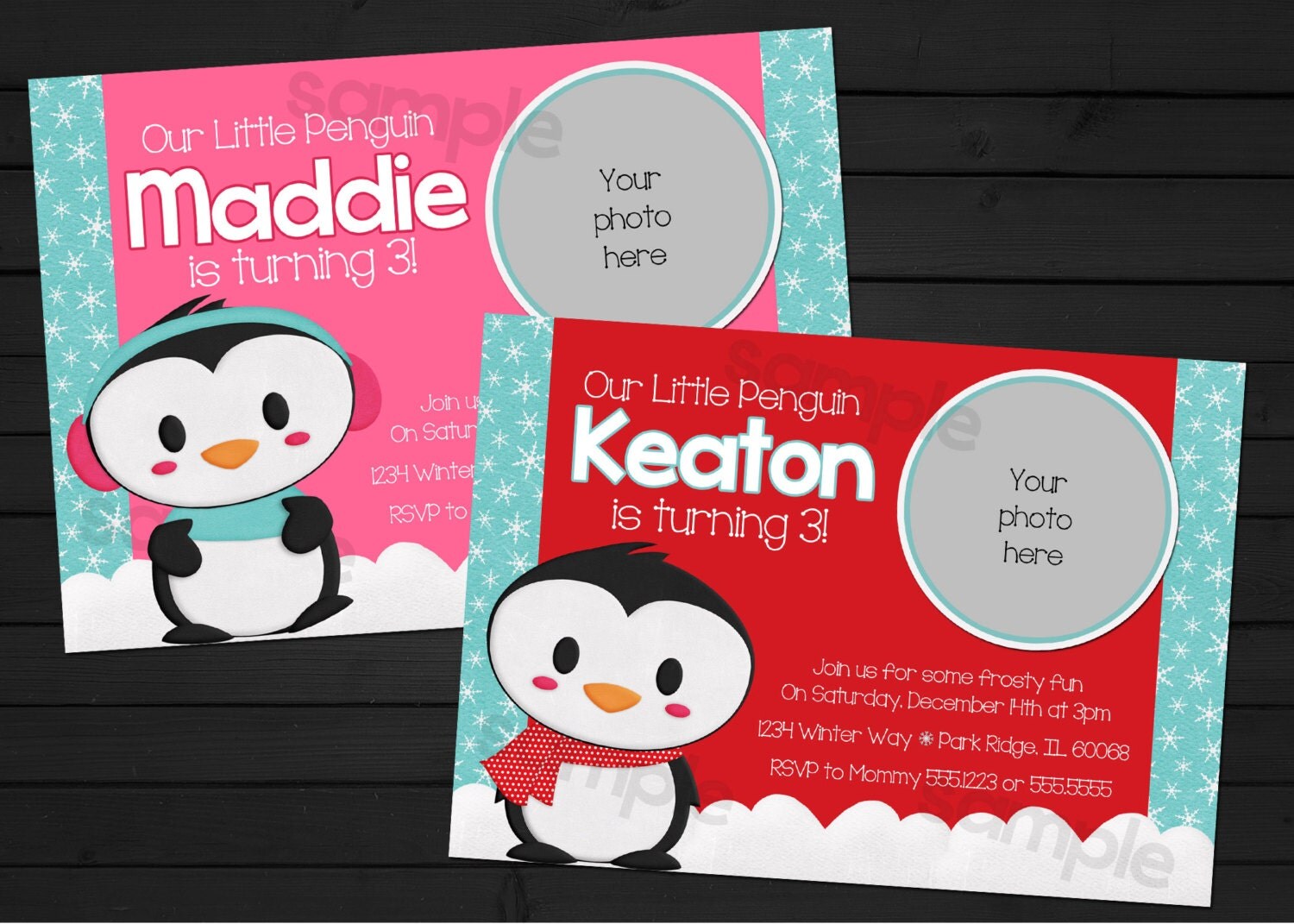 Winter Penguin Snowy Birthday Invitation Digital File YOU-PRINT Il_570xn