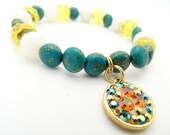 Charm Bracelet, Beaded Bracelet, Swarovski Crystal Bracelet, Blue stone Pyrite, Citrine, Jade Stones, Gold Colorful Bracelet