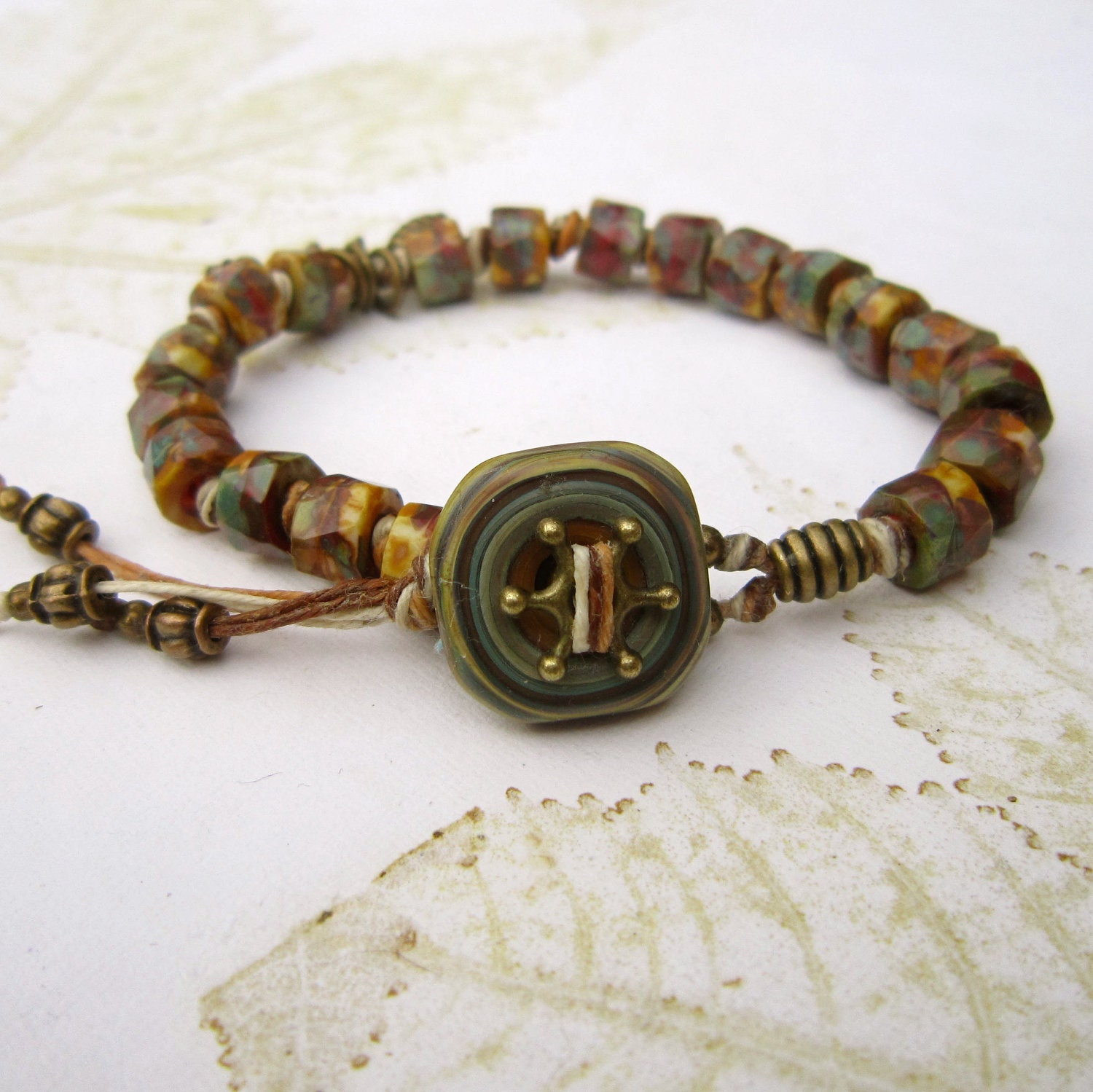 Beaded bracelet, Lampwork bead bracelet, brass bead bracelet