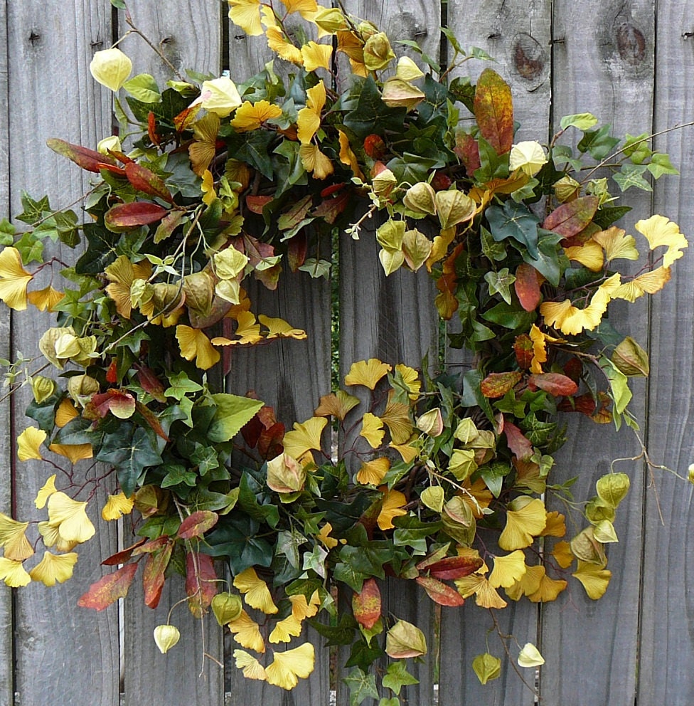 Fall Wreath - Fall / Everyday Ginkgo Leaf and Chinese Lantern Wreath - Green and Yellow Natural Wreath with Ginkgo and Chinese Lantern