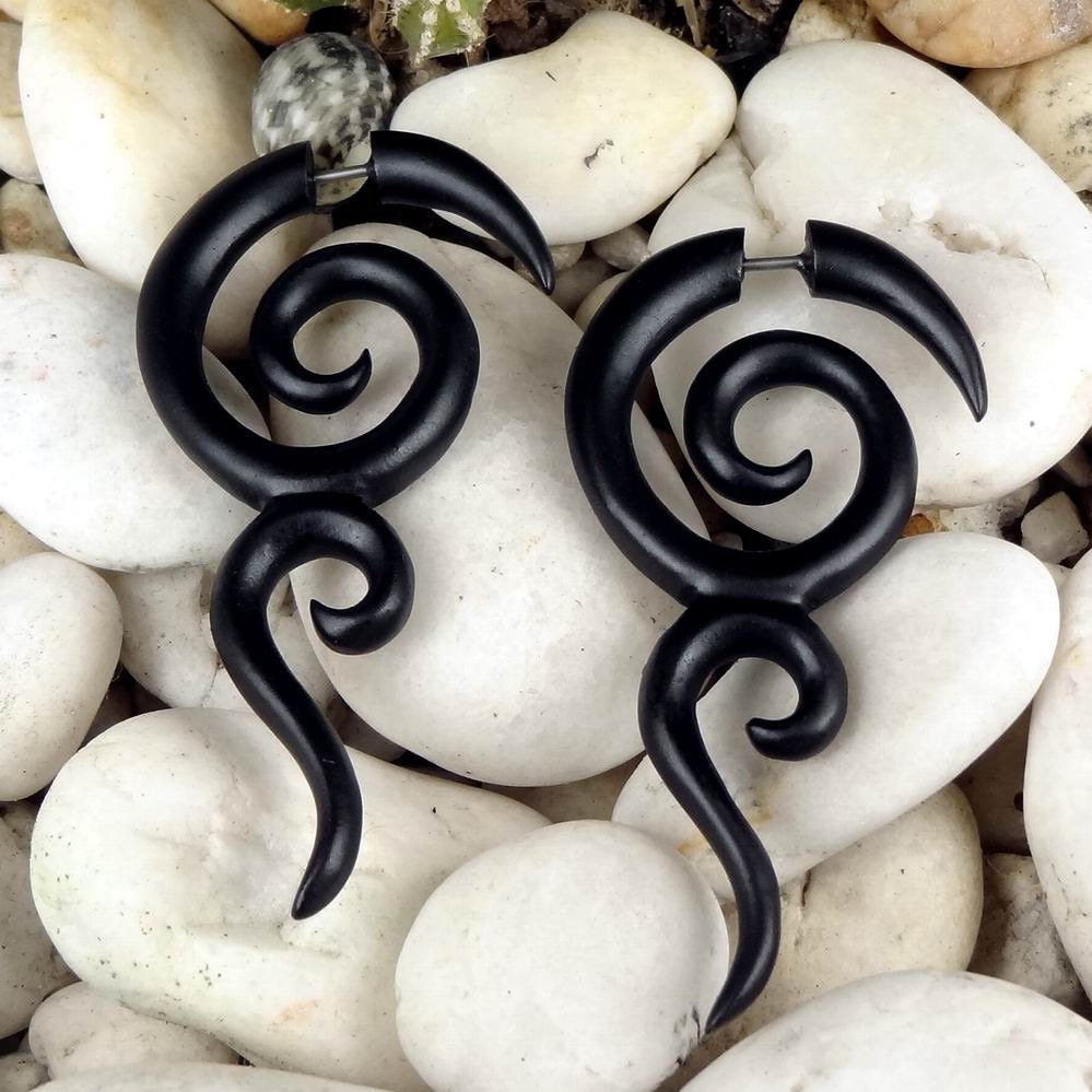 Fake Gauges -- SPRING SALE -- 1 Pair Wooden Earrings - Bohemian Double Scroll Spirals - Organic Wood - (By Fake Gauge Organics)