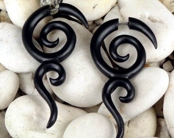 Fake Gauges -- SPRING SALE -- 1 Pair Wooden Earrings - Bohemian Double Scroll Spirals - Organic Wood - (By Fake Gauge Organics)