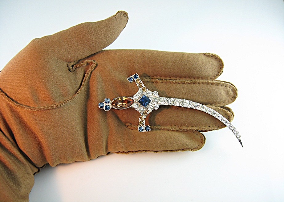 Vintage Rhinestone Pin Coro Pegasus Sword Jeweled Scimitar Sapphire Topaz 1940s Jewelry