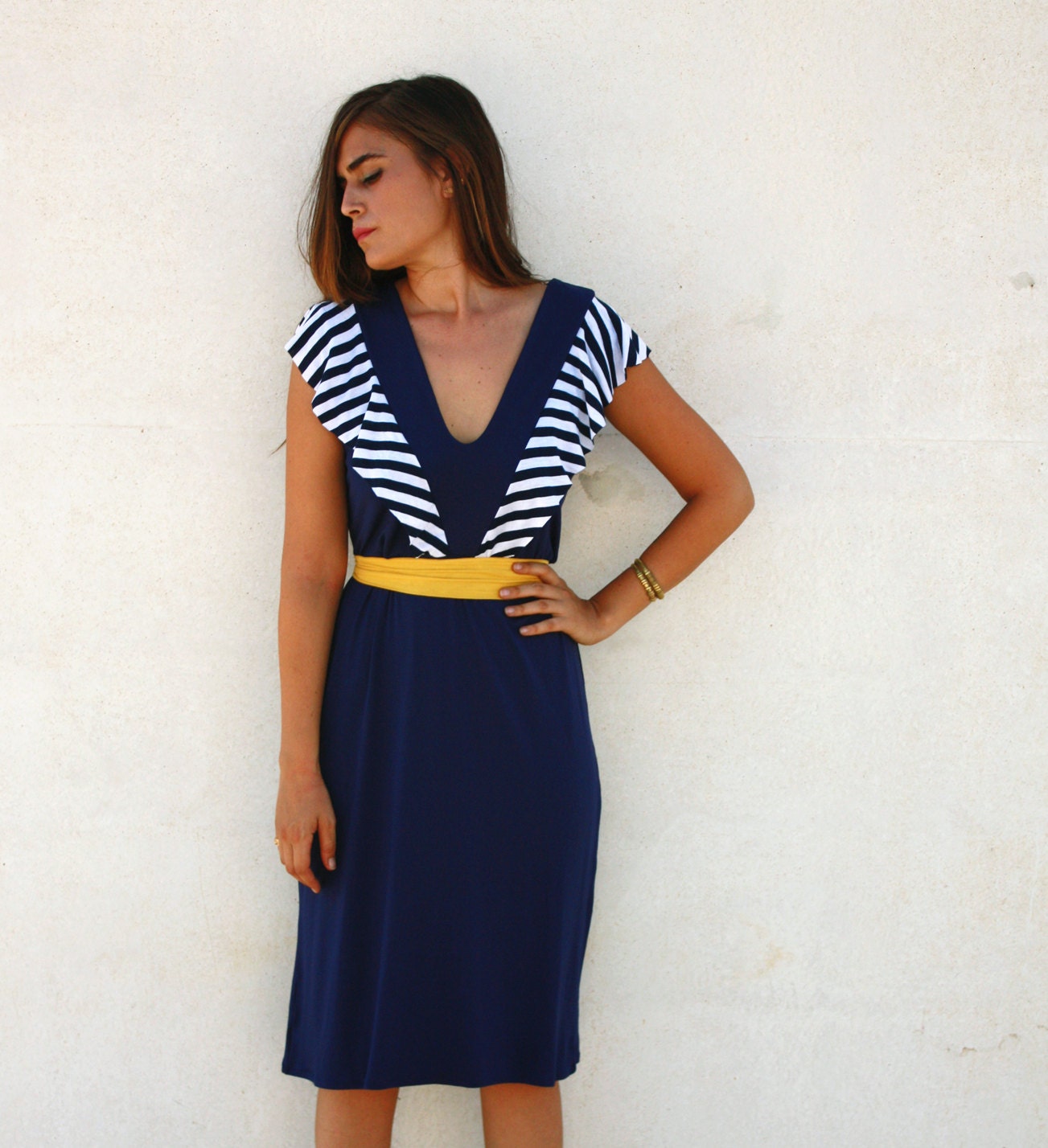 Casual blue dress with stripe