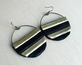 Striped earrings black and gold leather circles