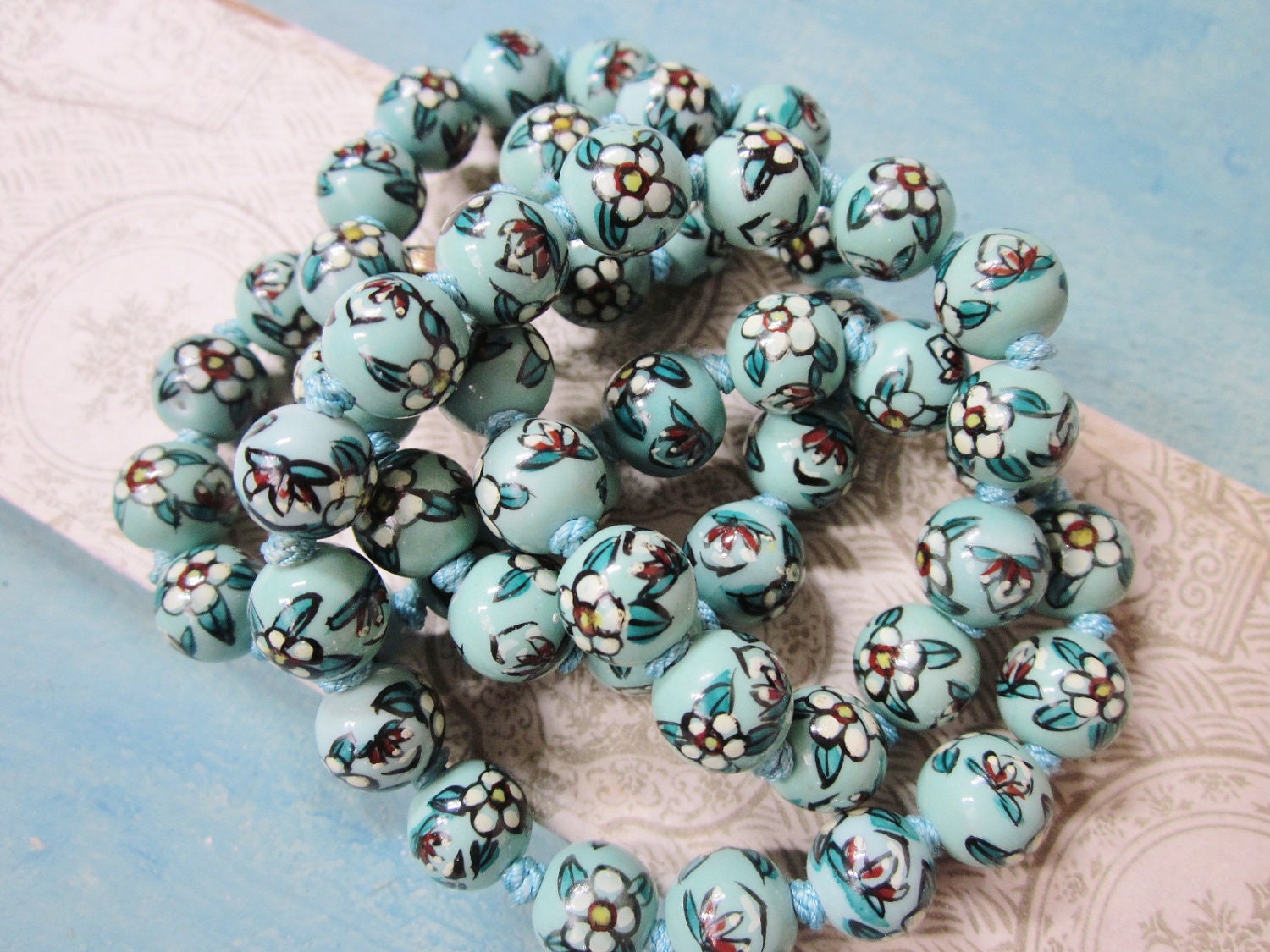 Vintage Necklace Chinese Hand Painted Porcelain Beads Blue Flowers Lotus 1950s Jewelry