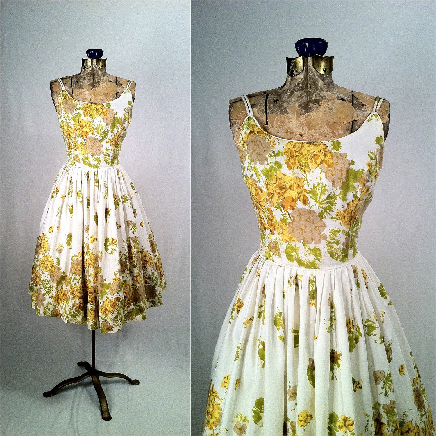 RESERVED 1950s Vintage Yellow Floral Cotton Summer Dress