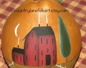 Ceramic pear, hand painted, salt box house, pine tree, sheep