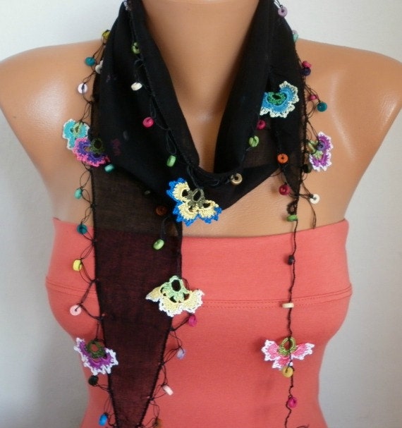 Summer Scarf Shawl - Cotton Weddings Scarves - Cowl with Lace Edge - Black
