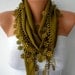 Olive Green Scarf - Pashmina Scarf - Cowl Scarf - Shawl with Lace Edge - fatwoman