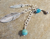 Turquoise Dangle Belly Button Jewelry Ring with Feathers and Silver Chain