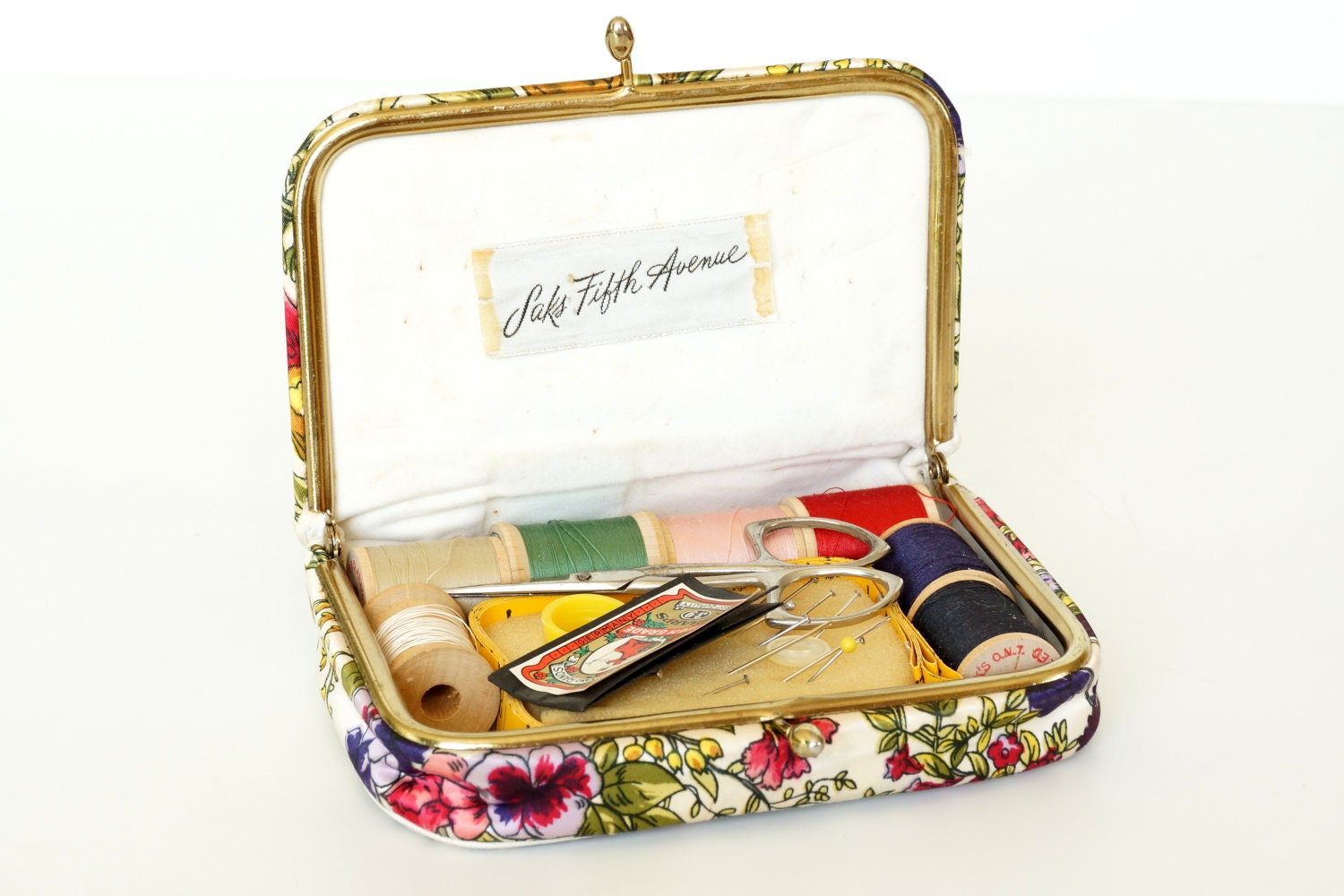 Vintage Saks Fifth Avenue Sewing Set in Floral Purse - Collectible, Sewing Notions, Supplies