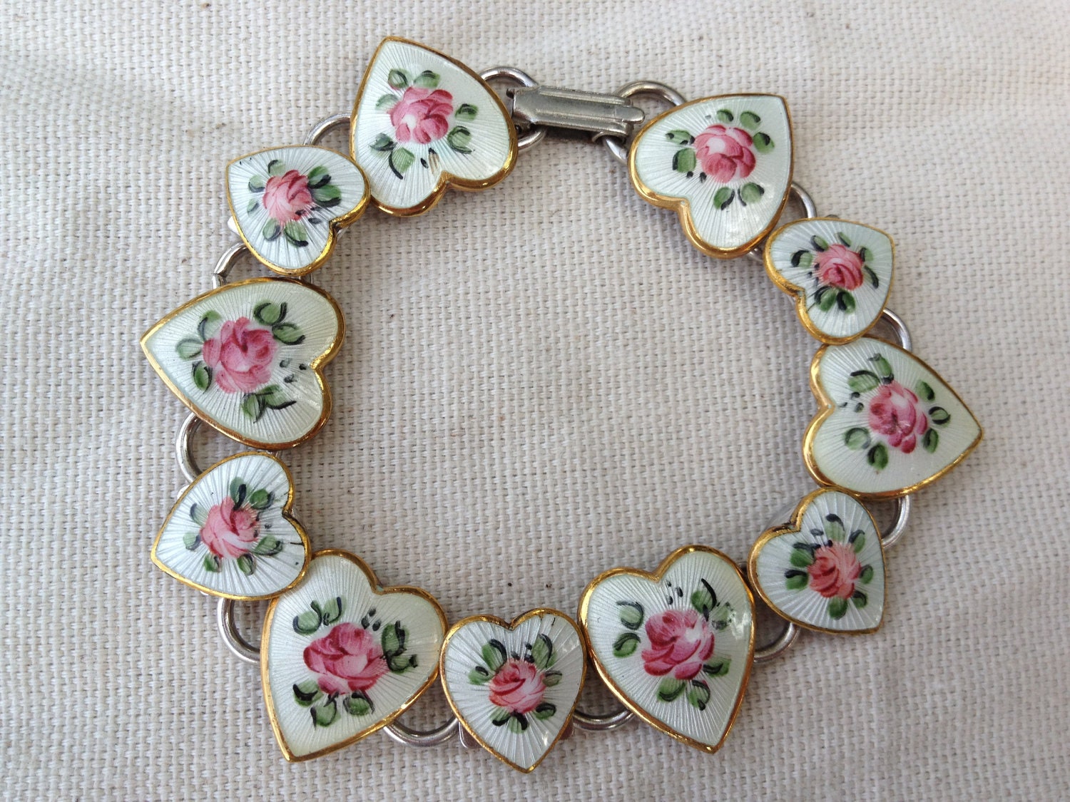 Vintage 1920s Enamel Guilloche rose Heart Bracelet