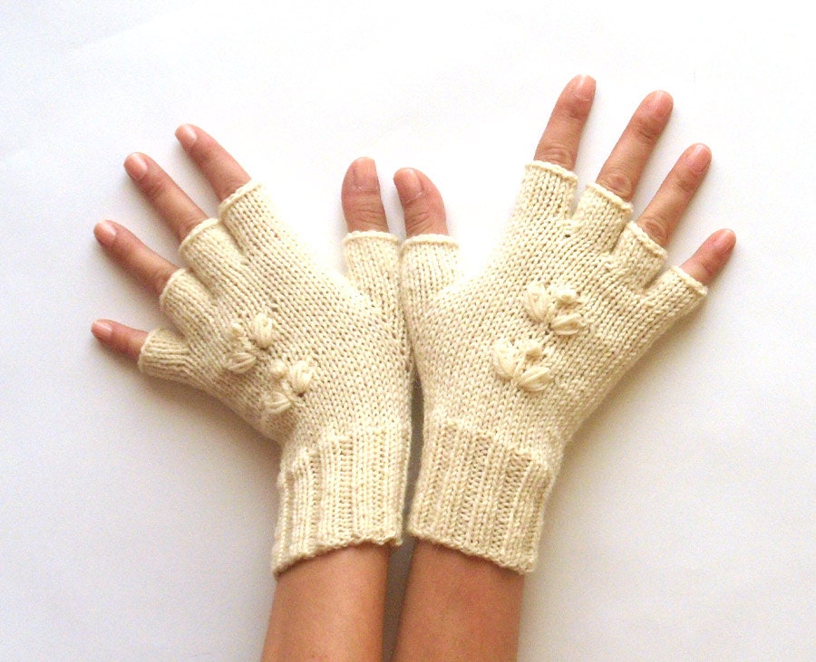 Knit Half Finger Gloves Fingerless Mittens Cream Arm Warmers Superwash Wool Hand Warmers Fingerless Gloves Cherry Flower - KG0031 - Aimarro