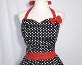 White dot in black Apron With Red Ribbon