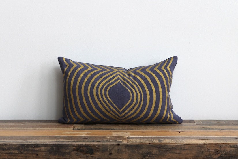 Lumbar pillow cover hand printed in metallic gold on slate blue organic hemp 12x21 Aya Contoured