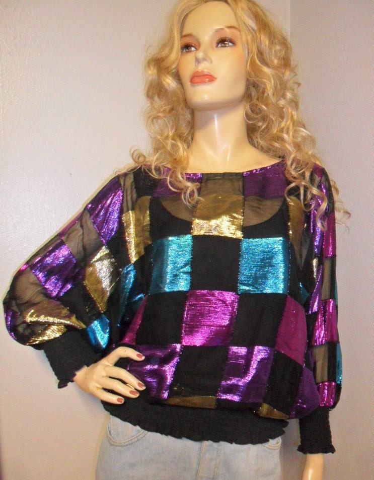Vintage 80's Gorgeous Batwing Metallic & Sheer Blouse--Andree Gaye Sz M