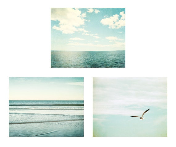 Ocean Print Set - 3 Photographs - blue white beach sea coastal wall art set shore photography three pictures seagull clouds photo set