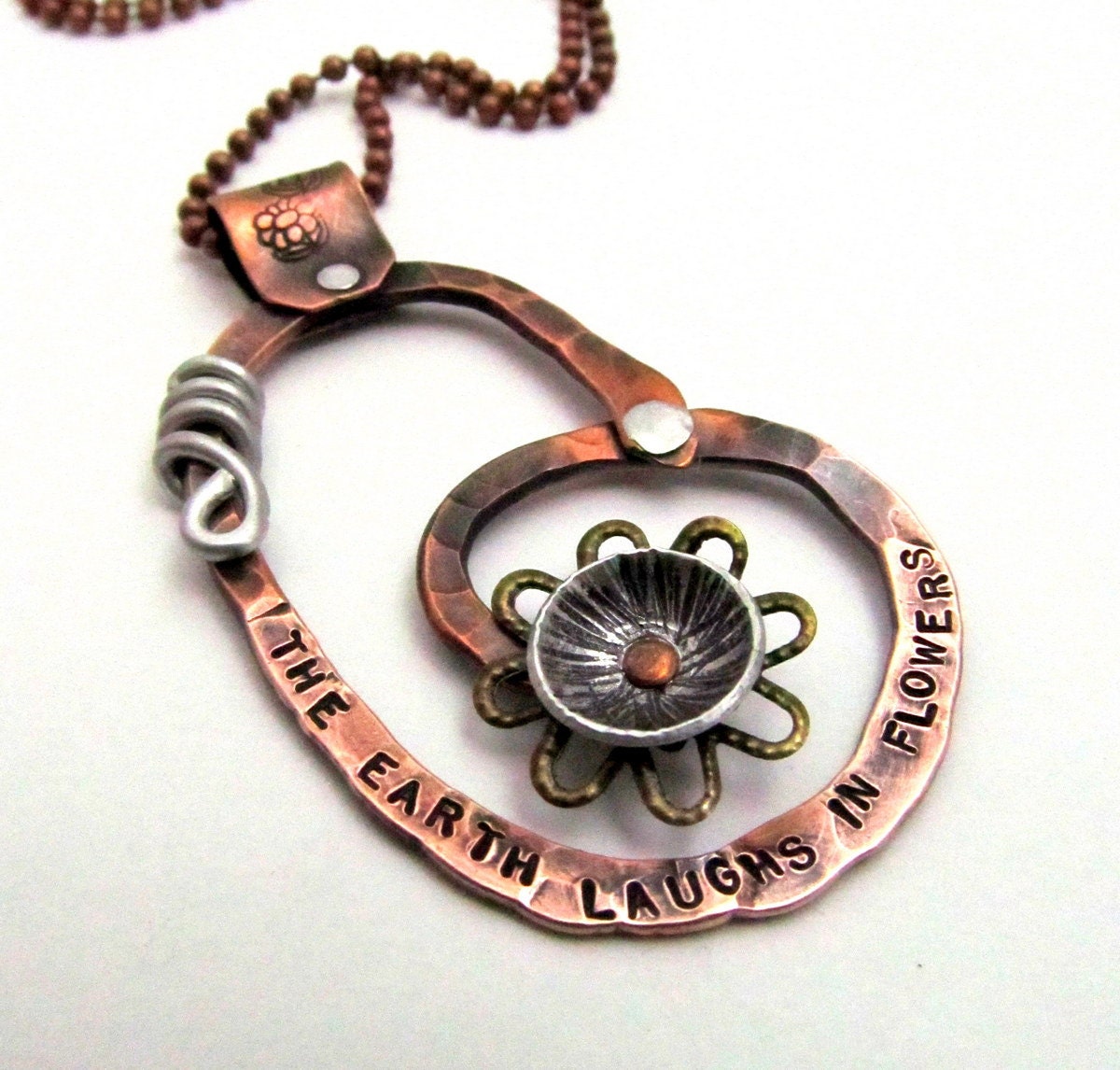 Mixed Metal Necklace - Hand Stamped Jewelry - Inspirational Quote with Cold Connections Riveted - The Earth Laughs In Flowers (104)