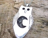 Owl pendant necklace made from recycled silver with natural peridot gemstone, handmade, one of a kind