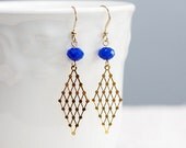 Blue Beads Rhombus Earrings Geometric Earrings Gold Filigree Diamond Charms Violet Blue Faceted Beads - E204