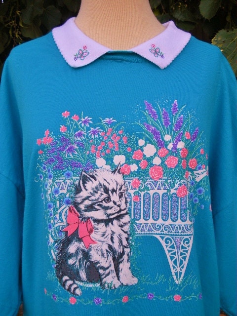 vintage 80s white gray kittie cat puff paint tee shirt w collar 2x embroidered butterflies flowers too cute