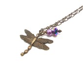 Dragonfly Necklace - Purple and Antique Gold Dragonfly Jewelry - Handcrafted and Beaded Necklace - Insect Jewelry - Bug Jewelry