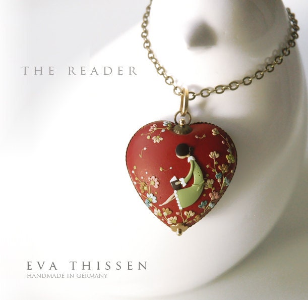 The Reader. Beautiful hand made polymer clay necklace.