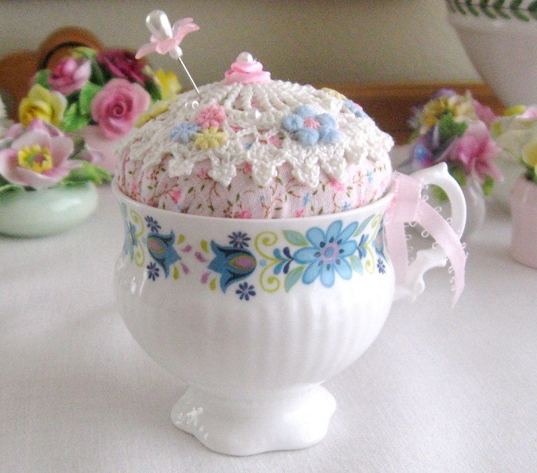 Teacup Pincushion, VINTAGE TEACUP, Handmade Soft Sculpture Handcrafted CharlotteStyle Needlecraft