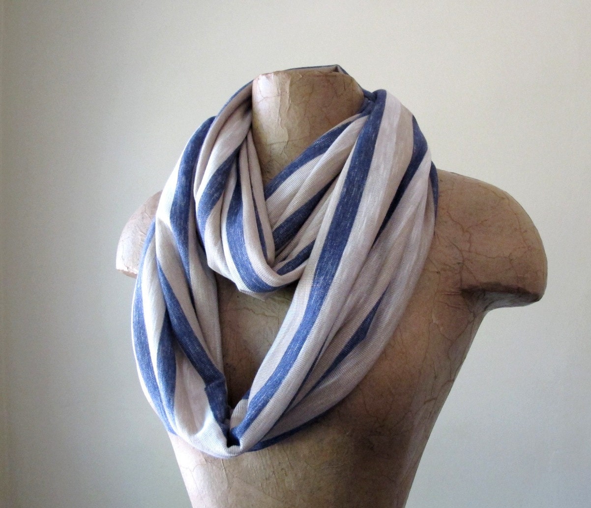 Striped Infinity Scarf - Nautical Jersey Knit Circle Scarf - Infinity Cowl - Denim Blue, Wheat, Straw - Loop Scarf with Stripes