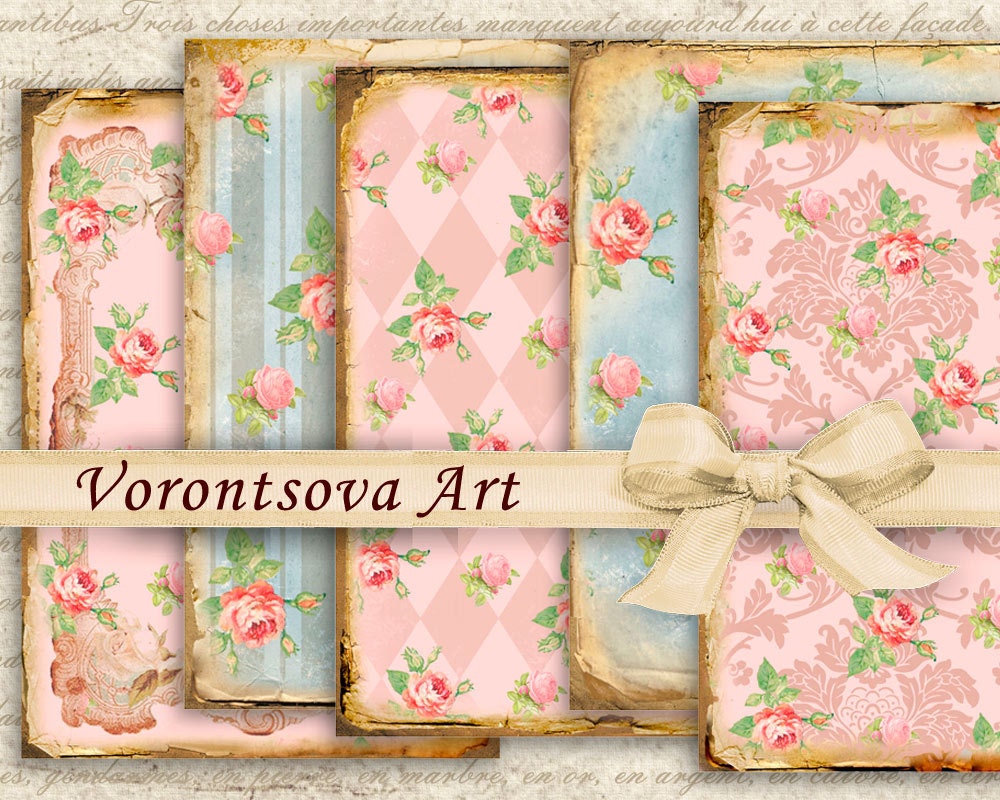 SHABBY CHIC Digital paper Floral. Roses digital collage sheet. Pack of 18 printable ACEO size images backgrounds v92471