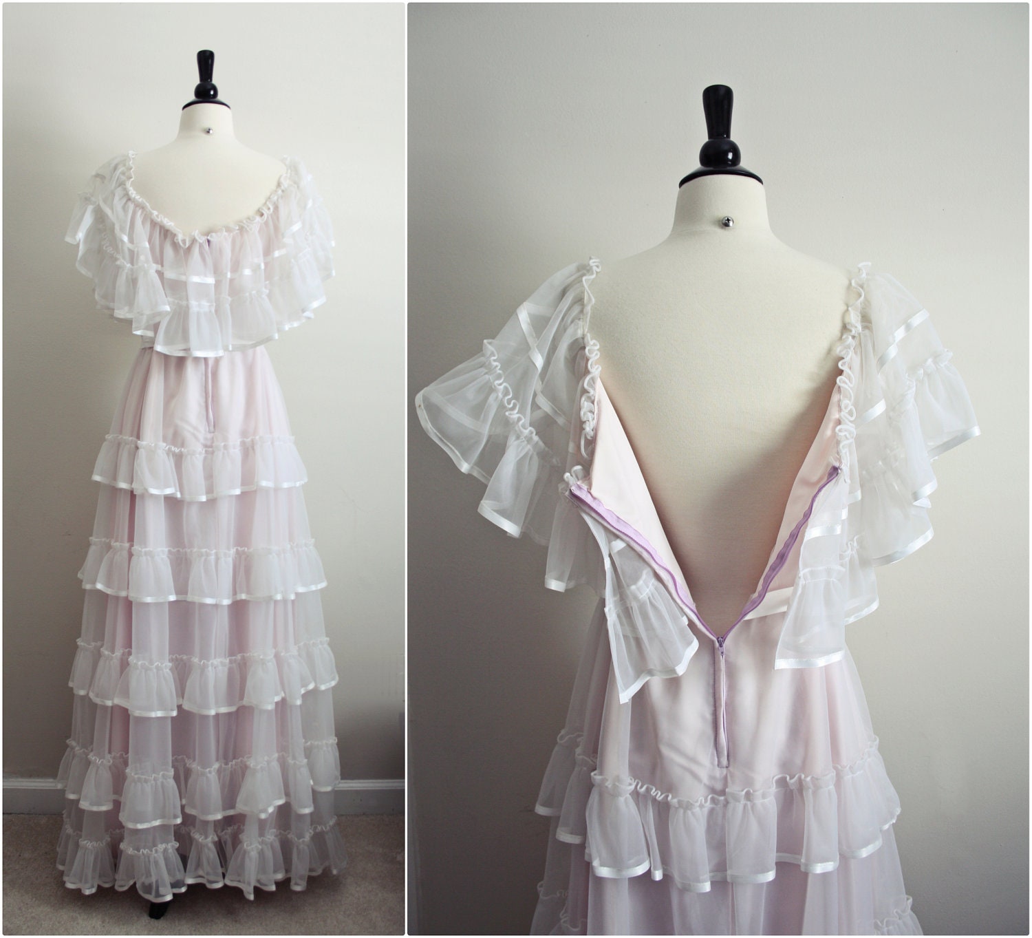 Reserved//70's Senorita Ruffle Wedding Dress. Mexican Boho Maxi Peasant Dress. Size Medium