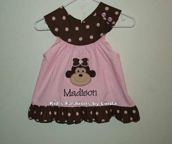 Personalized Pink Gingham/Brown Pink Dots Round Neck Monkey Shirt