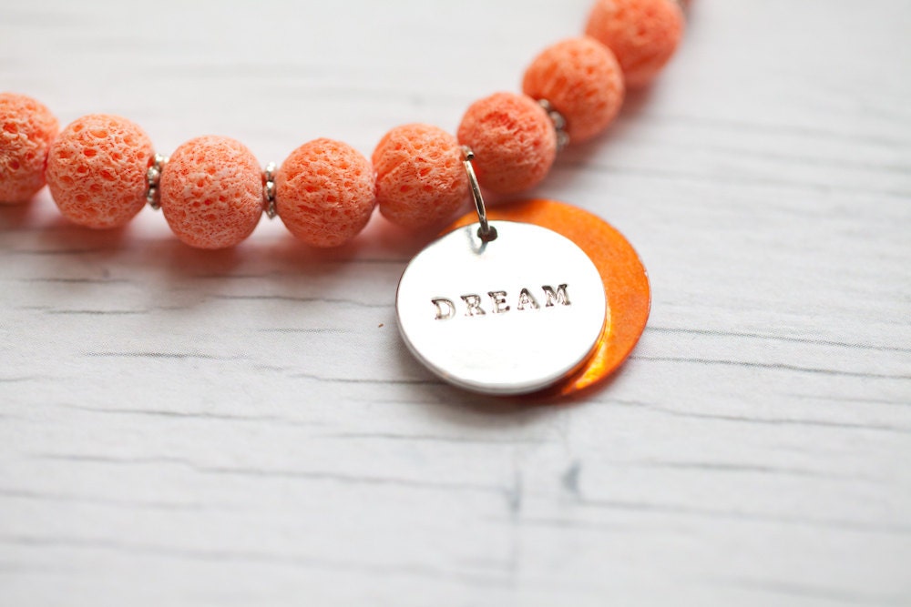 Orange sponge beads necklace with Dream accent . beautiful . wedding . bridal . summer . heart toggle clasp