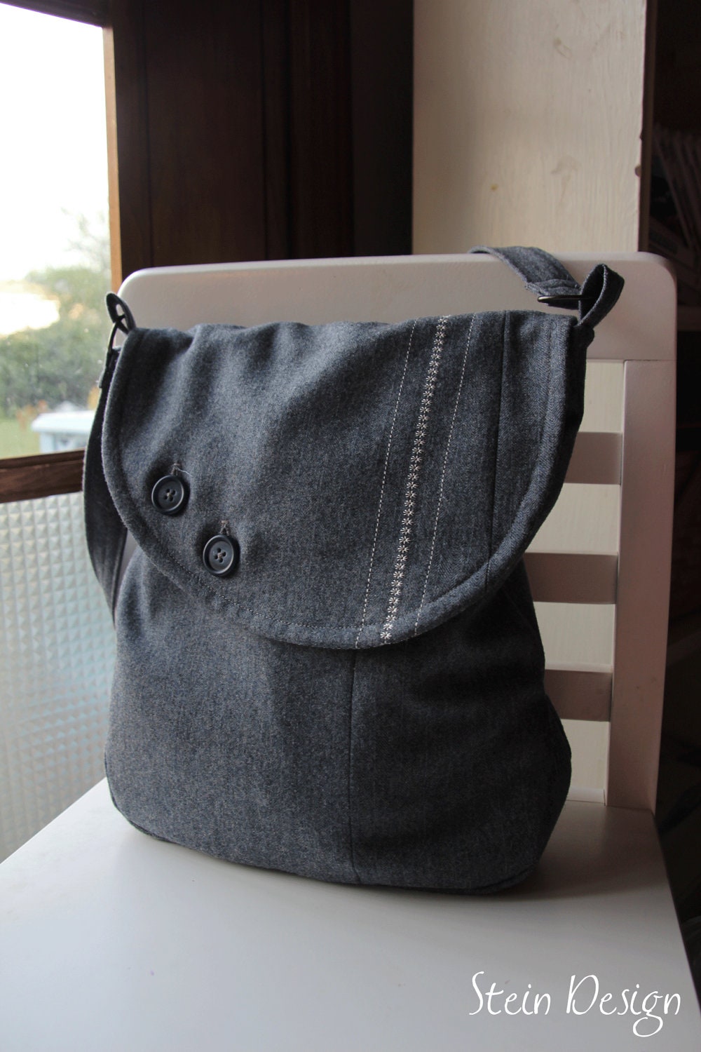 OOAK Upcycled Men's Suit Coat Messenger Bag, Steel Blue Gray Wool