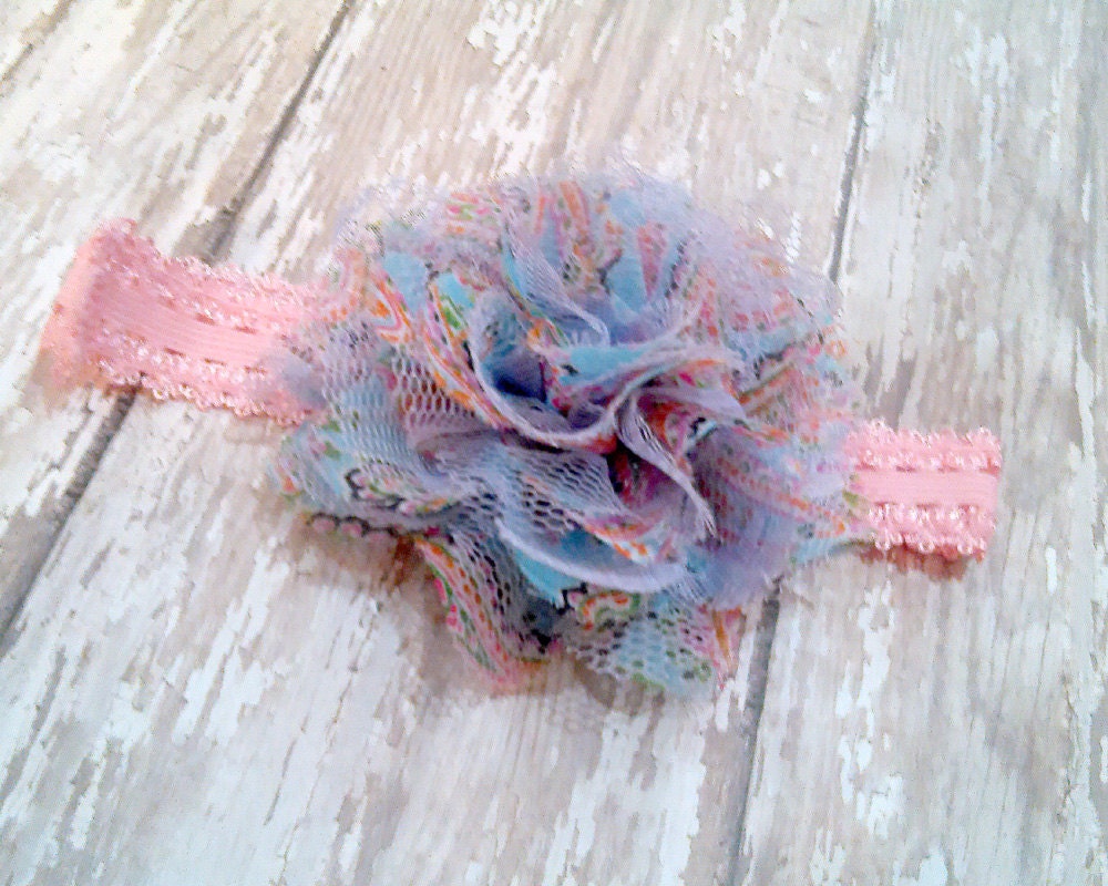 Pink and Blue Mesh and Lace Flower with FREE headband - baby headband, infant headband, toddler headband