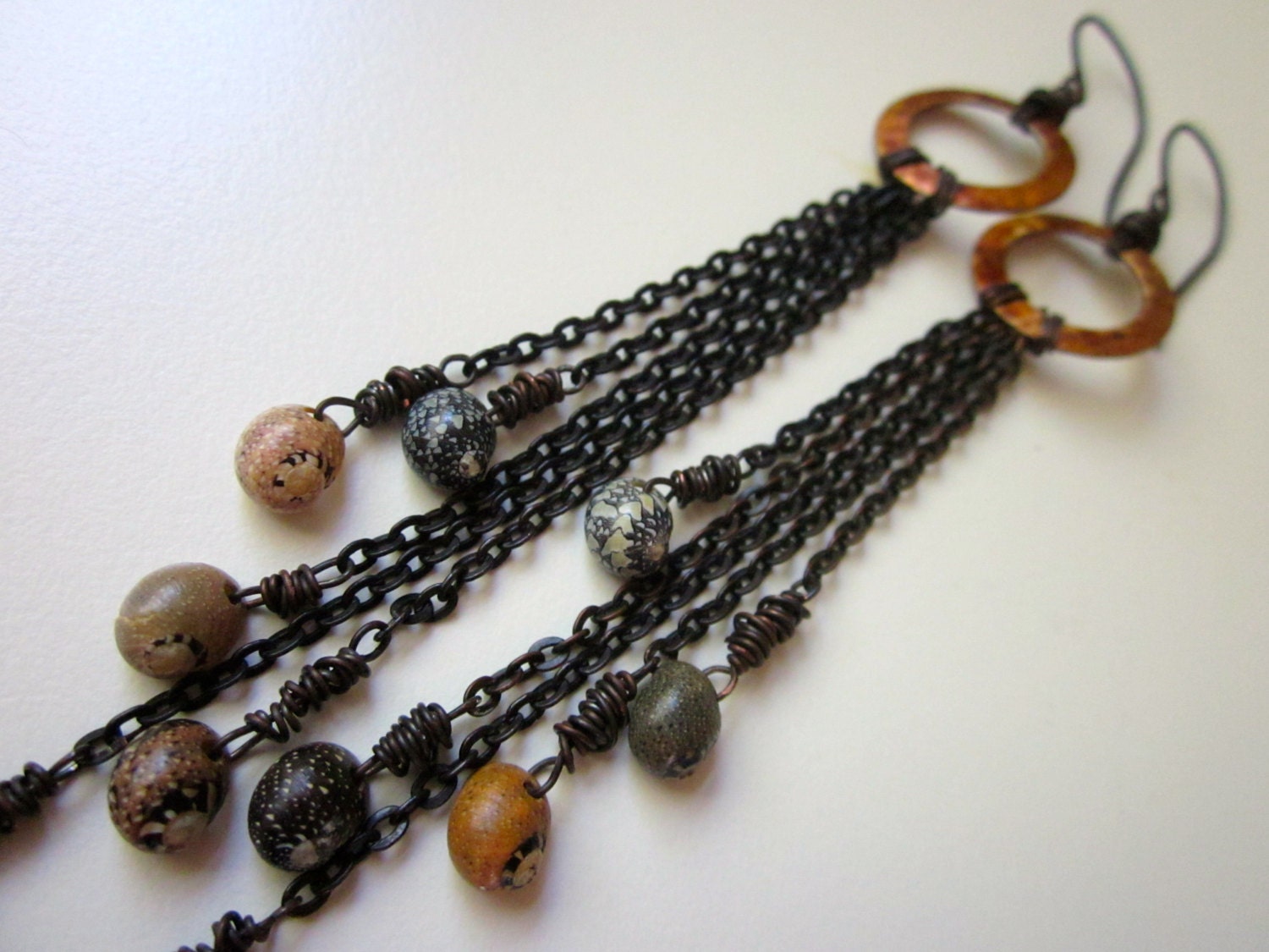 Oracle Bone - natural dark earth tone tiny nerite seashells, LONG black brass chain chandelier, and hammered brass hoop earring pair