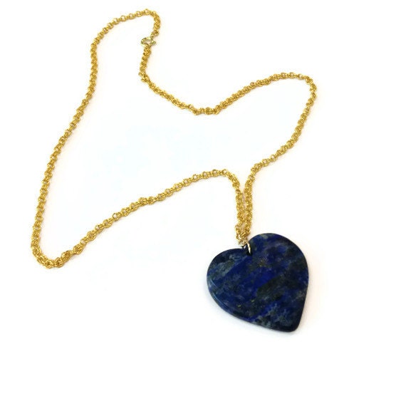 Navy Blue Necklace Lapis Pendant Lapis Necklace Heart Yellow Gold Jewelry Lapis Lazuli Gemstone Jewellery Long Chain Heart Denim N-307