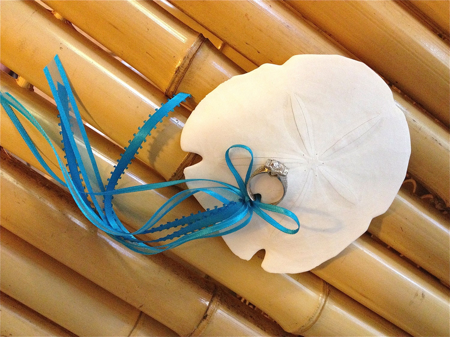 Beach Wedding Sand Dollar  Ring Bearer Pillow Alternative w/ Customizable Ribbon Color(s) - JsWorldOfWonder